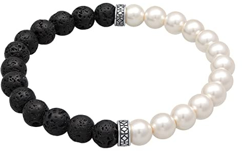 Kuzzoi Buddha Herren Armband aus Lava Edelstein und synthetischen Perlen (8 mm) mit oxidierten 925 Sterling Silber Elementen Stretch-Armband für den Mann Länge 23 cm