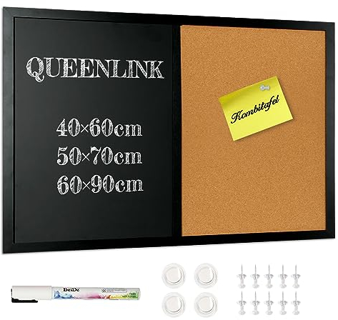 QUEENLINK Kombitafel mit Magnetische Kreidetafel und Pinnwand Kork 50 x 70 cm Pinnwand Küche Magnettafel Memoboard