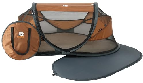 Deryan Lettino neonato da viaggio pieghevole con materasso, 0-2.5 anni, Lettino da campeggio, Le pareti realizzate in rete, Letto Pieghevole 120x75cm, Borsa da Trasporto, Protezione Insetti, Caramello