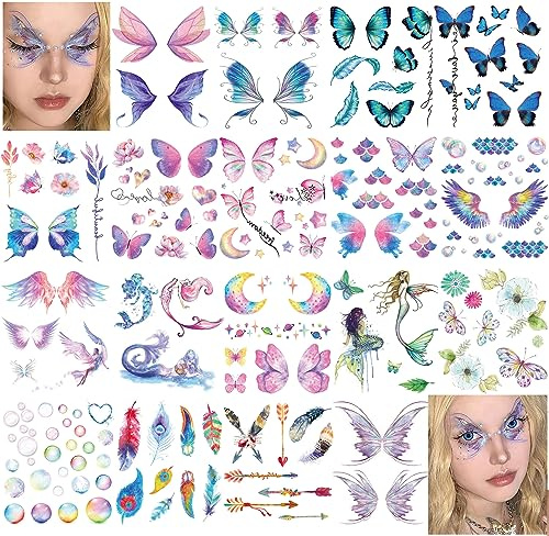 Rosymormor 18 Sheets Glitter Temporary Tattoos for Women Girls, Wings Butterfly Flowers Face Body Shiny Waterproof Stickers Fake Tattoos for Gifts Birthday Party Favors Festival Makeup Halloween Y