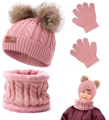Aoreun 3 in1 Inverno Berretto Scaldacollo Guanti Set, Set di guanti invernali per bambini, Caldo Cappello a Maglia con pompon per Ragazzo e Ragazza 2-8 Anni Attività all'aperto -Rosa