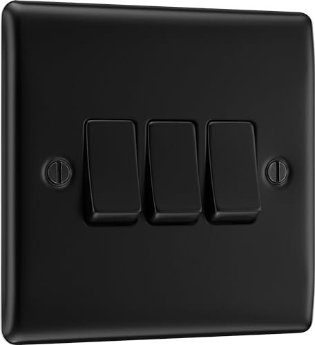 BG Electrical Triple Wall Light Switch, 2 Way, Raised and Slim Profile, Round Edges, Nexus Metal, Matt Black, 20A, 16AX, NFB43
