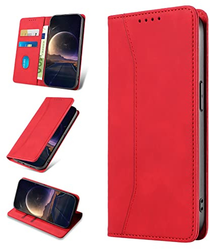 KANVOOS Handyhülle für OnePlus 8T Hülle, Premium PU Leder Flip Klappbar Stoßfeste Schutzhülle [Kartenfächern], Wallet Case Hülle für OnePlus 8T (Rot)