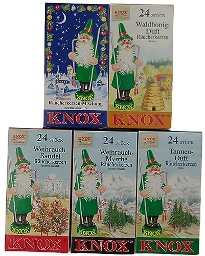 Knox XL Sparpack 5 Räucherkerzen- Weihnachts-Mischung + Waldhonig-Duft + Weichrauch-Sandel + Weihrauch Myrrhe+Tannen-Duft -Größe M/Inhalt pro Schachtel 24 Räucherkegel Duftkegel