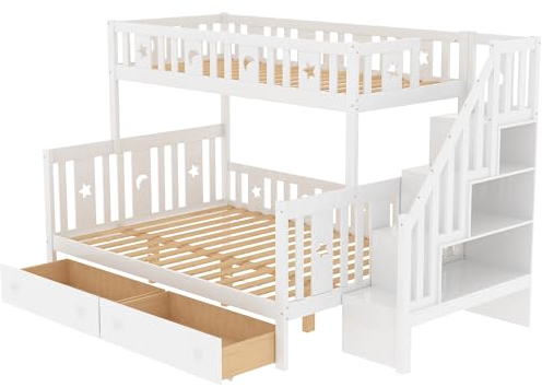 Hochbett 90x200/140x200 cm, Etagenbett mit Sicherheitstreppe & große Schubladen Stockbett für 2 Kinder mit Rausfallschutz und Zwei Schubladen, Rahmen aus Kiefer, weiß