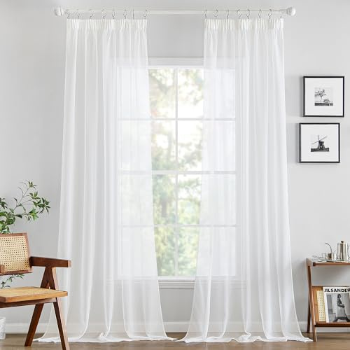 MIULEE Voile Gardine transparent Kräuselband 2er Set B140 H215 Weiß | Transparente Einfarbige Voile Gardine mit Kräuselband, luftiger Stoff, moderne Deko für Wohnzimmer und Schlafzimmer