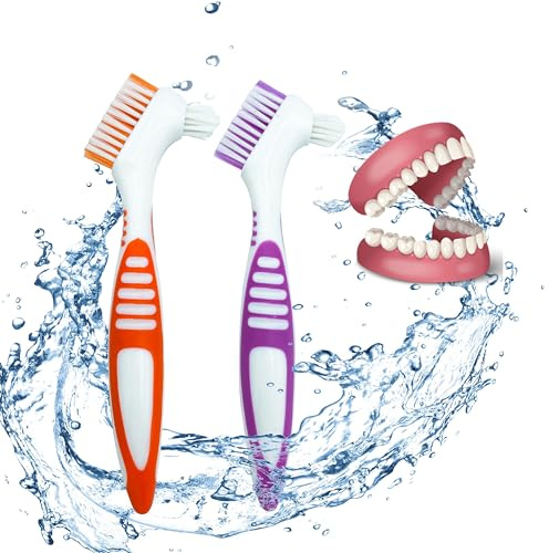 FloraVigo Paquet de 2 brosses à dents pour prothèses dentaires, mini brosse à dents, tête de brosse à double angle, brosse de nettoyage de prothèse ergonomique portable(Vert+orange)