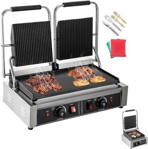 Electric Contact Grill Griddle Commercial Panini Press Grill Non-Stick for Outdoor Camping Cooking Sandwiches Steak Meat (Size:Wave and Flat Plate)