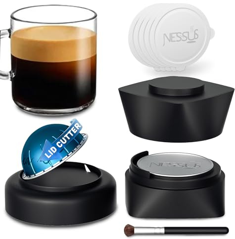 NESSUS Refill Kit for Reusable Nespresso Vertuo Pods, Lid Quick Opener for Original Seal, 50PCS Aluminum Foil Lids, Tamp & Press Refillable Vertuo Capsules Holder and Brush