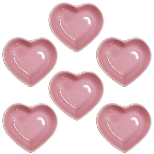 Yuauy 6 pcs Pink Heart Shaped Porcelain Soy Sauce Dish 1.65 oz Ceramic Dip Snack Dipping Bowls for Dinner Baking BBQ and Cooking