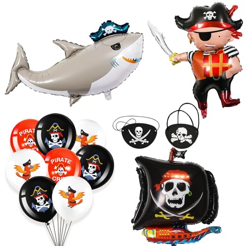 KOBOKO Piraten Deko Luftballons Kindergeburtstag, 15 Stück Piraten Party Helium Ballons, Piraten Geburtstag Deko Piratenschiff Hai Folienballon, Piraten Luftballons Augenklappe für Halloween Party