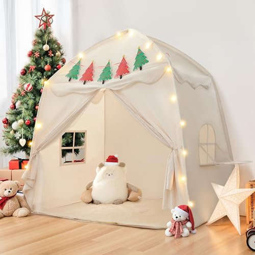 besrey Kinderzelt Spielhaus für Kinder,Spielzelt,Kinder Bettzelt XXL für drinnen mit Weihnachtsbaum-Banner & Lichtern, Ideal als Weihnachts Geschenk Prinzessin Zelt beige