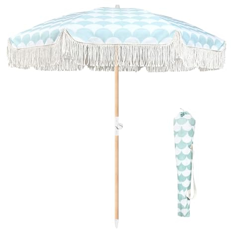 Sljovexity Tragbar Strandschirm Uv 50, Neigbar Terrassenschirm Mit Knickfunktion, Fransenschirm Gartenschirm 200cm Balkonschirm Windfest Schmutzabweisend, Ohne Ständer, Für Sonne Und Außenbereich