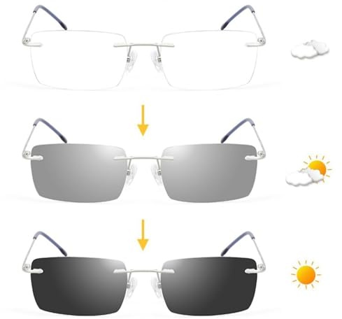 GSKDZG Randlose Lesebrille Photochrome Presbyopische Brille Für Herren Damen Mode Sonnenbrille Rechteck Blaulichtfilter Brille Leicht +1.5 +2.0 +2.5(+2.0)