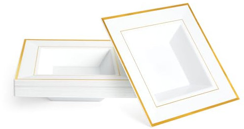 MATANA 20 Cuencos Cuadrados Blancos de Plástico con Borde Dorado, 360ml - Cuencso de Postre Sólidos y Reutilizables - Cuencos Sopa, Platos Hondos para Bodas, Cumpleaños, Fiestas