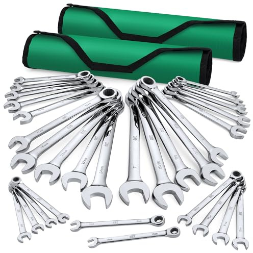 SK Ratcheting Wrench Set, Combination Wrench Set, 30-Piece, SAE 1/4 to 1, Metric 8 to 24mm, 72-Tooth, Premium CR-V Construction, with Rolling Pouch