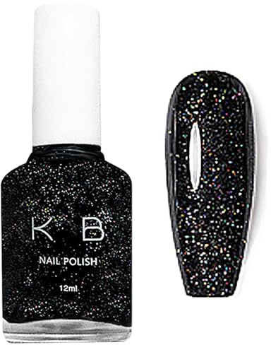 Virellay Nagellack Schwarz Glitzer, Glitzer Nagellack Ohne UV Lampe, Langanhaltender Schnelltrocknender für Frauen DIY, 12 ML (Schwarz Glitzer, 12 ML)