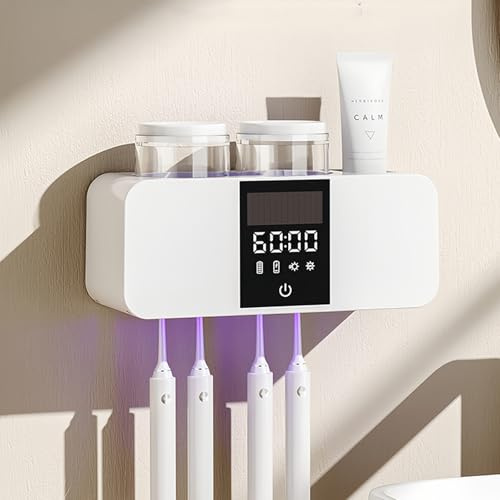 Maxspace Zahnbürstenhalter, UV Zahnbürste Sterilisator mit Trocknen, Solarladung und Automatische Reinigungsfunktion, Zahnbürstenhalter Wand Ohne Bohren mit 4 Steckplätzen und 2 Tassen (Weiß)