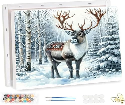 Malen Nach Zahlen Erwachsene Schneetier Hirsch DIY Handgemalt Ölgemälde Set für Anfänger und Erwachsene mit 3 Pinseln und Acrylfarbe zur Heimdekoration 40X50cm