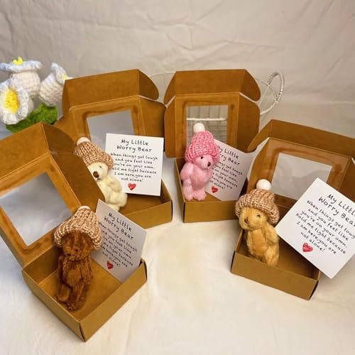 APRILADY Kleiner Bär in Box, Sorgenbär, Mini-Taschen-Bären mit Token-Karte, emotionale erhebende Unterstützung, Taschenbären, Umarmung, Plüschtier, positive Geschenke für Abschlussfeier, Geburtstag