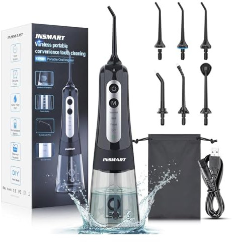 Cordless Water Dental Flosser Teeth Cleaner, INSMART Professional 300ML Tank DIY Mode Rechargeable Dental Oral Irrigator for Home and Travel, IPX7 Waterproof 6 Modes Irrigate Oral Care (Black)