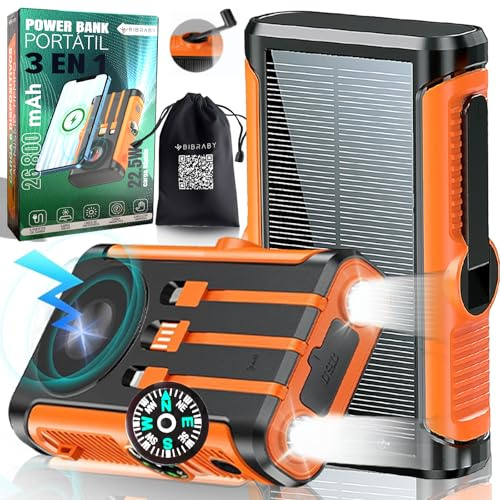 BIBRABY Super Power Bank Solar Wireless 3 in 1 da 26800 mAh + manovella per ricarica di emergenza + 5 porte di ricarica rapida 22,5 W | caricatore solare | caricatore portatile | batteria solare