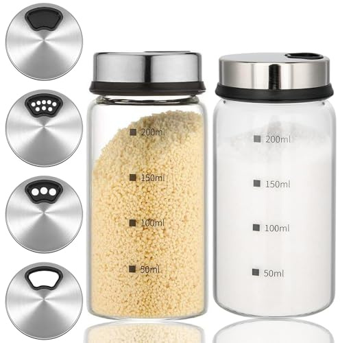 Aieraczy 200ml Salt Shaker with Adjustable Pour Holes, 2 Pack Salt Pepper Shaker, Spice Shaker, Glass Spice Jar with Shaker lids, Salt Cellar Salt Container Salt Dispenser for Seasoning Kitchen