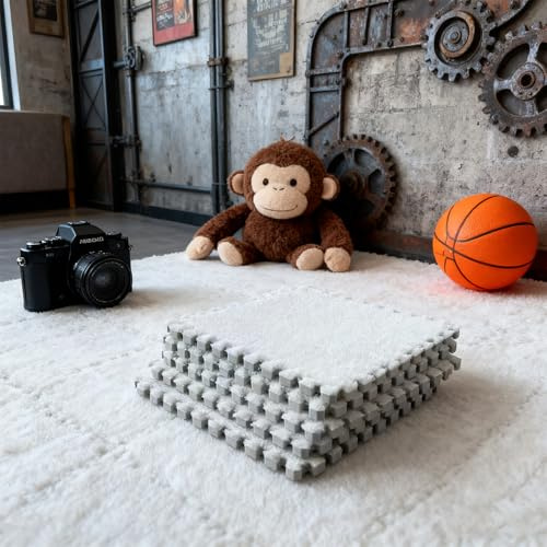 Puzzlematte Boden Puzzle Bodenmatte Teppichfliesen - 12 Stück 30 X 30 cm Ineinandergreifende Plüsch-Schaumstoffmatte, Puzzle-Spielmatte für Schlafzimmer, Spiel (Weiß)