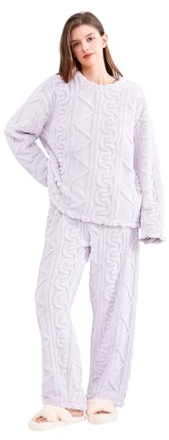 Power Flower Conjunto de Pijama de Forro Polar Esponjoso para Mujer – Suéter y Pantalones Holgados de Felpa, Pijama Cómodo de 2 Piezas para el Invierno (S-M, LY219-Purple)