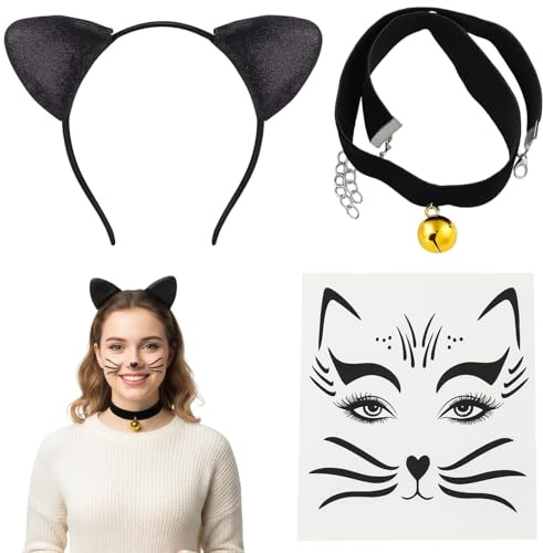 BrKern Katzenkostüm Damen, Katzenohren Haarreif Halskette mit Glöckchen Katze Gesichtstattoo Katze Kostüm Accessorie, Cat Ears für Damen Karneval Fasching Halloween Mottoparty Kostüm