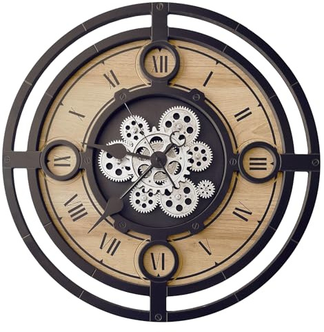 STYLER Wanduhr Max 57 cm | XXL 3D-Uhr mit beweglichem Zahnrad-Mechanismus – Lautlose Wanduhr aus Holz & Metall | Industrial Vintage Design | Wohnzimmer Büro Schlafzimmer Flur | Made in EU