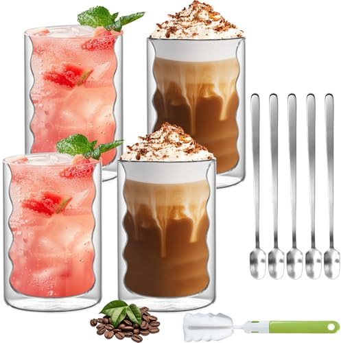 4er Doppelwandige Latte Macchiato Gläser mit Löffel,350ml Cappuccino Gläser | Doppelwandig Matcha Gläser, Spiralförmig Borosilikatglas Tassen Thermogläser, Kaffeegläserfür Cappuccino Tee EIS Milch Bier