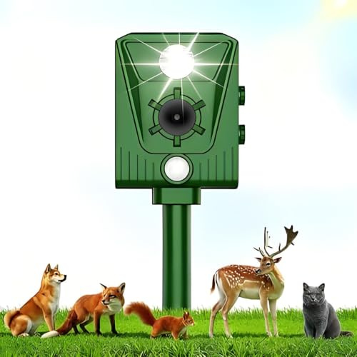 Ahuyentador de Gatos Exterior,Ultrasónico Repelente de Zorros Solar Potente con Luz LED,Puede Repeler Eficazmente Gato,Pájaros,Zorros,Mapaches,Conejos y Roedores