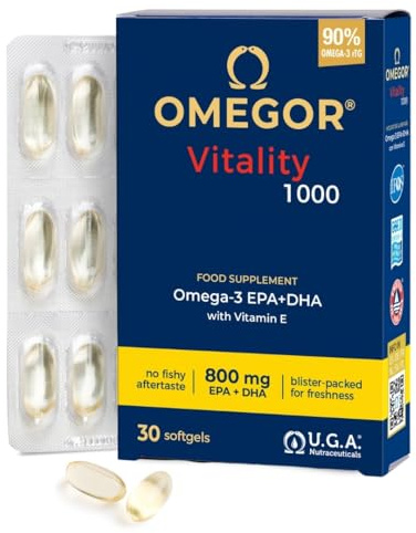 Omegor Vitality 1000 - Supplément alimentaire avec 90% des oméga 3 sous forme de triglycérides - avec de la vitamine E - pour le cœur, la vision et le cerveau en santé - 30 gélules