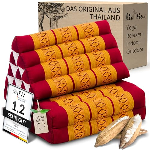 livasia Thaikissen mit 2 Auflagen - 120x50x8cm - Dreieckskissen mit Sitzkissen, Keilkissen mit Kapok, Rückenkissen faltbar, Thaimatte zum Klappen, handgefertigt, Meditationskissen (Rot/Gelb)