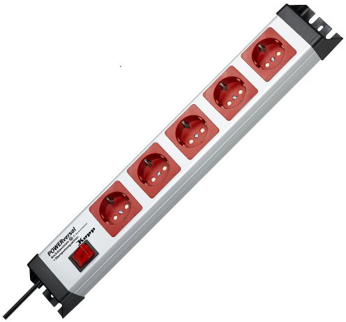 Kopp 227720019 Powerversal mit Überspannungsfilter und Schalter, 5-Fach, grau/rot, Schwarz