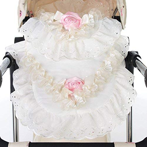 Roma Dolls Pram 2 Piece Bedding Set - Baby Doll Accessories with Quilted Apron & Padded Pillow, Cream & Pink Rose Design, Doll Accessories for Reborns, Compatible with Most Dolls Prams