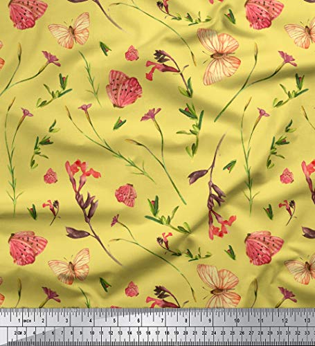 Soimoi Gelb Baumwolle Batist Stoff Schmetterling & Gladiole Blumen- Drucken Nahen Stoff 1 Meter 56 Zoll breit