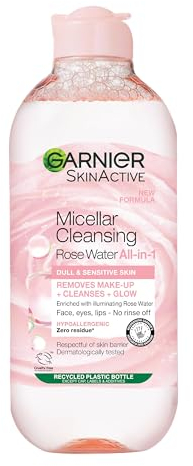 Garnier Micellar Rose Water For Dull Skin 400 ml, Glow Boosting Face Cleanser and Makeup Remover, Recognised By The British Skin Foundation, Use With Reusable Micellar Eco Pads