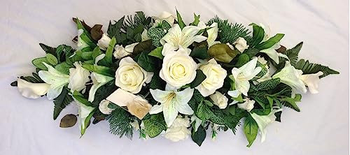 Silky Bouquets Artificial Silk Funeral Flower Coffin Spray Tribute Casket Topper Wreath Lily (White, 24)