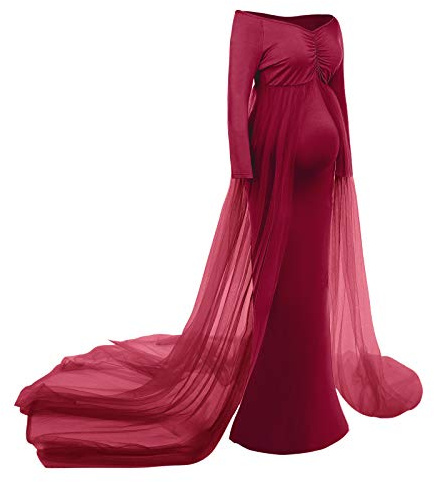 FYMNSI Robe de maternité pour femme enceinte, séance photo, support de maternité, manches longues, tulle, robe de soirée, mode de maternité, rouge bordeaux, M