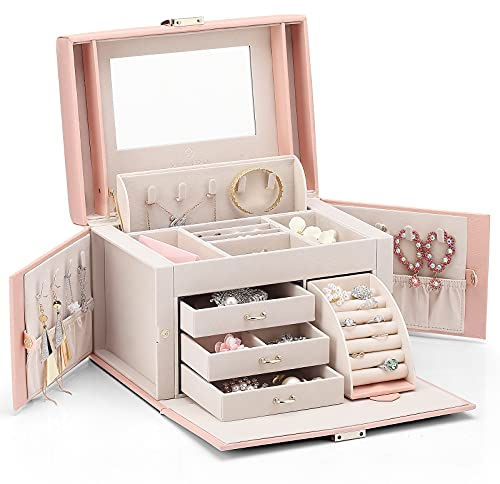Vlando Cofanetto Portagioie, Scatole Portagioie in Pelle con 4 Strati, Organizer Gioielli con Specchio e Serratura per Anelli Collane Orecchini, Regalo festa della mamma (Rosa)