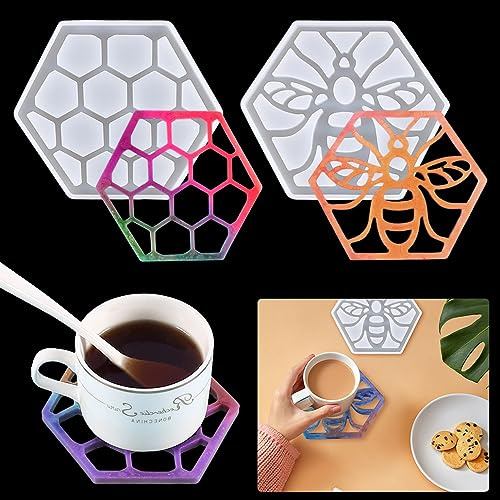KyeeaDIY 2 Pcs Silicone Molds for Coaster Bee Shape Hexagonal Molds for Cup Holder Resin Car Molds Silicone Molds for Epoxy Molding Resin Tray
