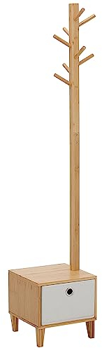 HOMCOM Perchero de Pie de Bambú Perchero con Banco Tipo de Árbol Cajón de Tela y 8 Ganchos para Colgar Ropa Bolsas Bombreros para Entrada Salón Pasillo 35x35x177 cm Natural