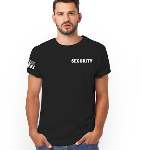Security Guard Event Staff 2 - Two-Sided Event Staff Shirt Two-Sided American USA Flag On Arm Men Tees, Black, Medium