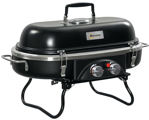 Outsunny Foldable Gas BBQ Grill 2 Burner Table Top Barbecue with Lid Piezo Ignition Thermometer for Camping Picnic Cooking, Aluminium Alloy