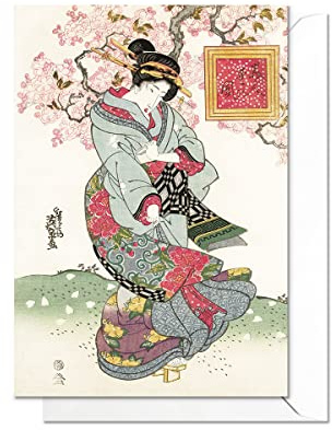 Japanische Ukiyo-e Kunst Grußkarten - Geburtstag Jahrestag Valentinstag Alle Anlässe Karte mit Umschlag (Kirschblüte Schönheit)