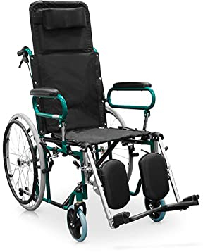 QUIRUMED Carrozzina reclinabile con poggiatesta, Seduta 46 cm, Leggera, Pieghevole, Braccioli pieghevoli, Ruote antiribaltamento, Freni a mano e leve, Per anziani, Per disabili