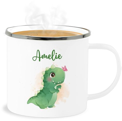 Emaille Becher Blechbecher - Geschenk Dino mit Name personalisiert I Saurier I Dinos I Dinosaurier I Urzeittier - 300 ml - Weiß Silber - tasse tier tieren kinder dinosaur urzeittiere