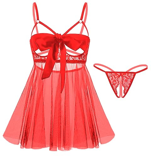 Dessous Damen Unterwäsche für Frauen Dessous Set Sexy Erotische Translucent Spitze Bodysuit mit Bogen Lingerie Reizwäsche BH und Höschen Sets Verstellbare Offen Unterwäsche für Frau (Rot M)